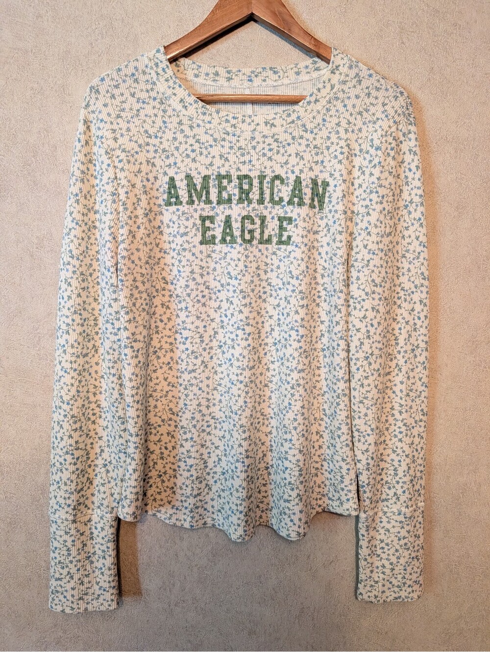 AMERICAN EAGLE white green floral logo long sleeve thermal tee sz XXL